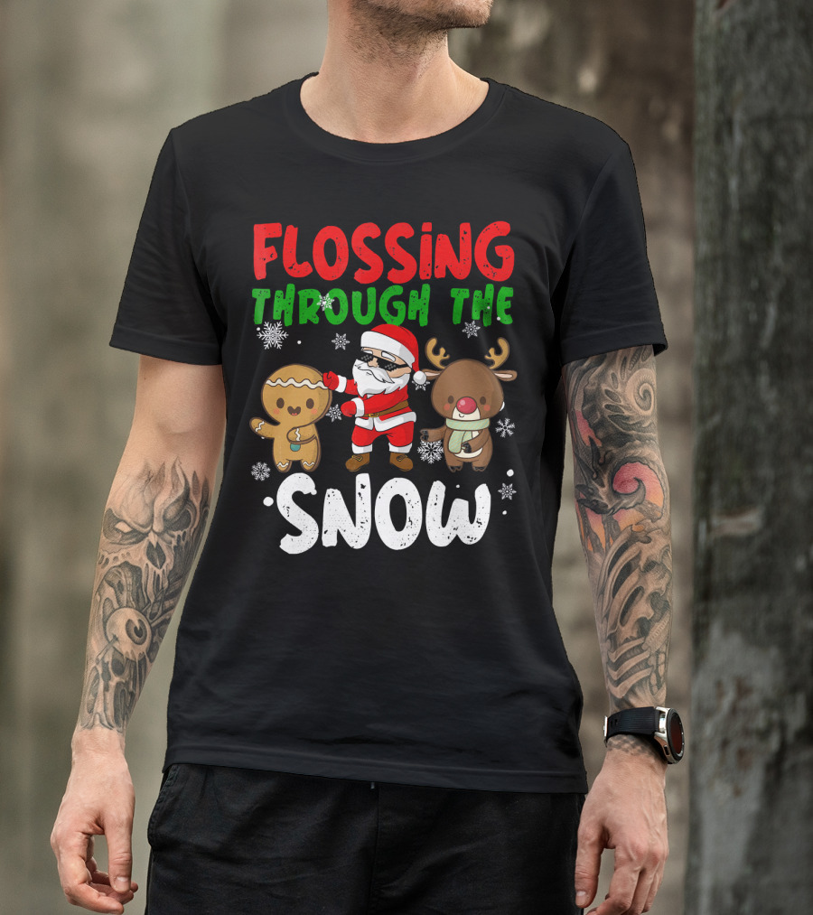 Flossing Through The Snow Santa Gingerbread Reindeer Christmas T-Shirt