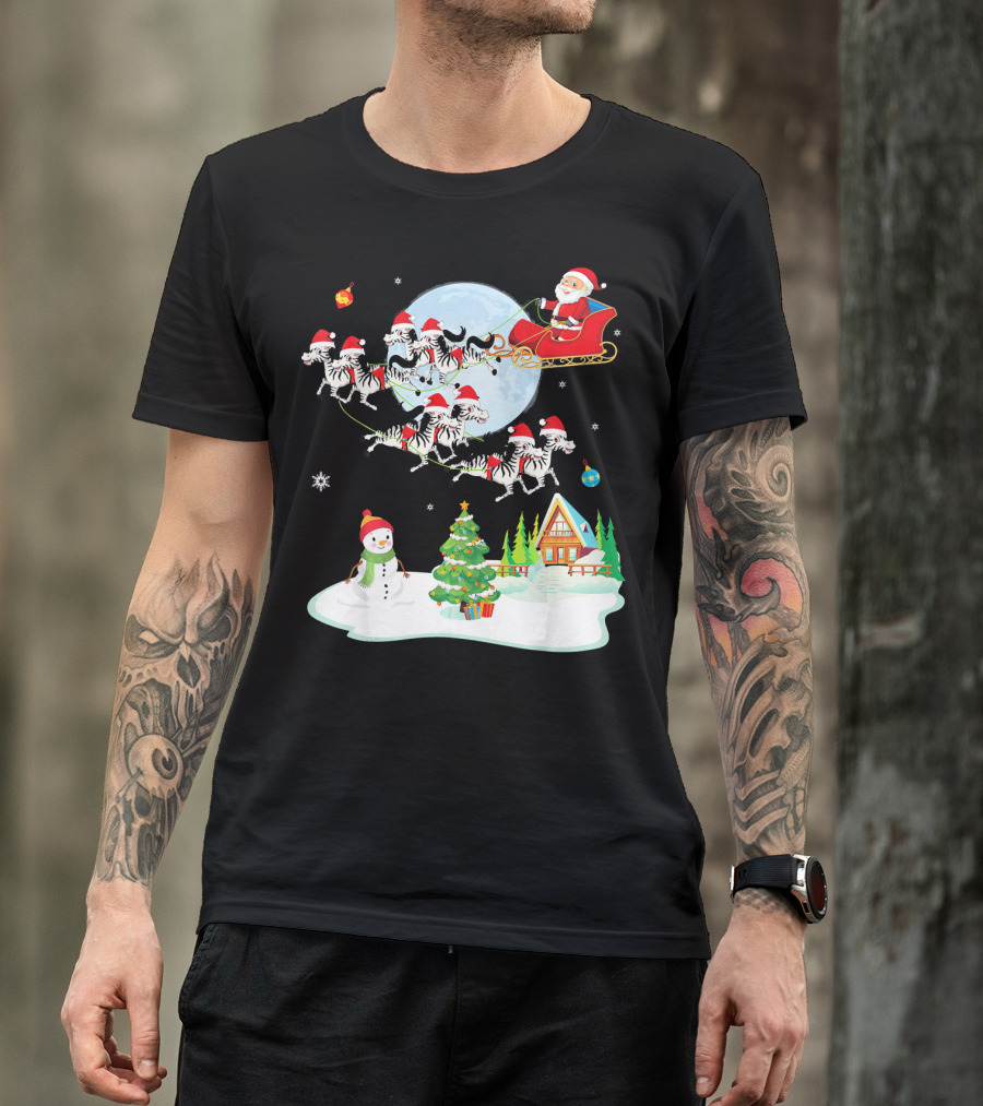 Santa Claus Sleigh With Zebras And Snowman By Christmas Tree T-Shirt