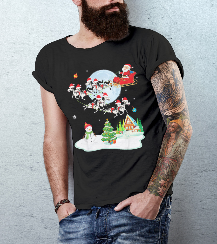 Santa Claus Sleigh With Zebras And Snowman By Christmas Tree T-Shirt