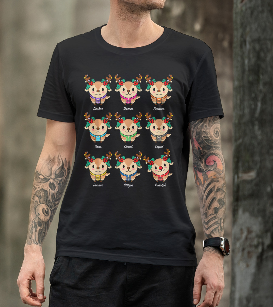 Adorable Reindeer With Names Dasher Dancer Prancer Vixen Comet Cupid Donner Blitzen Rudolph T-Shirt