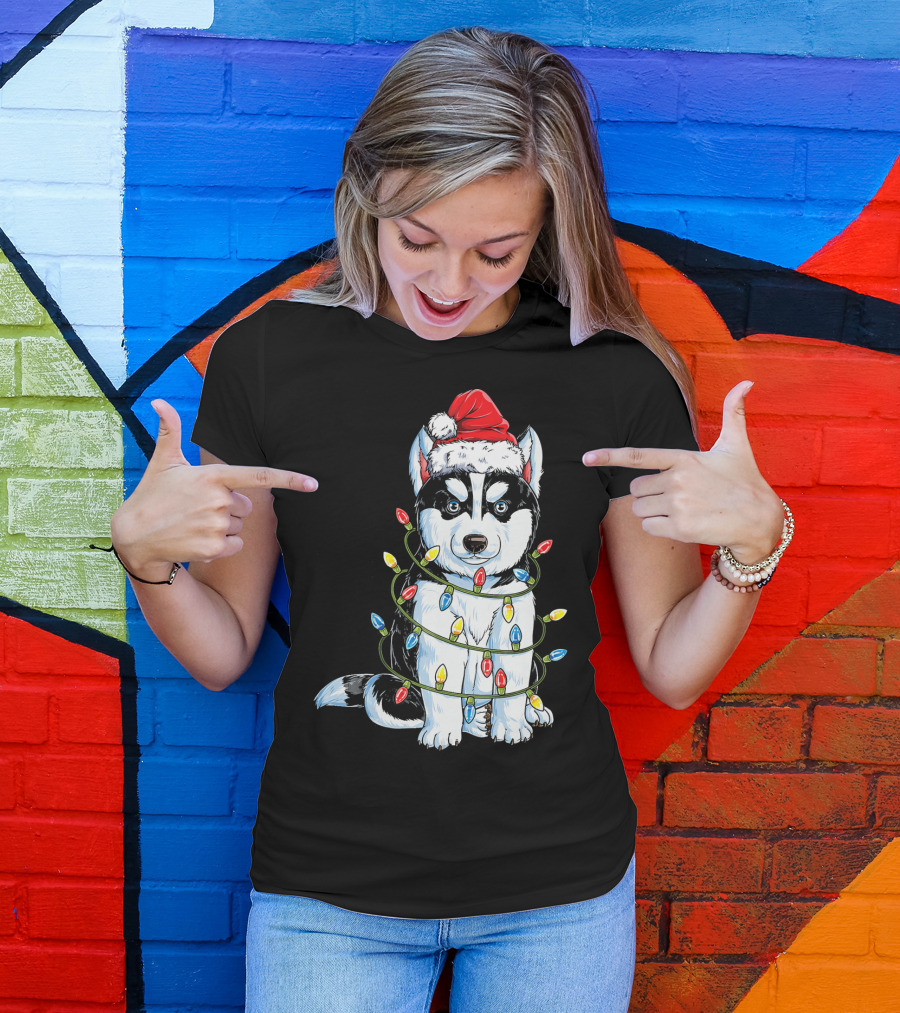 Siberian Husky Wrapped In Christmas Lights With Santa Hat T-Shirt