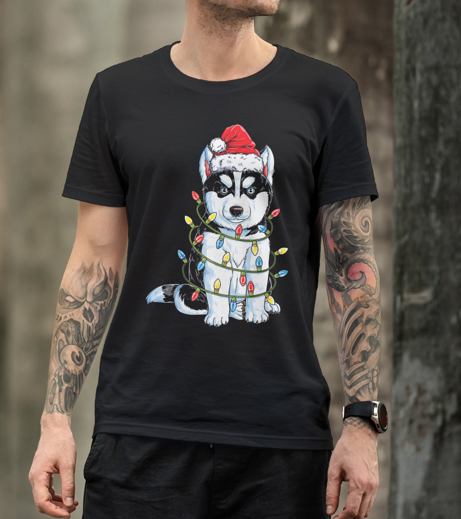 Siberian Husky Wrapped In Christmas Lights With Santa Hat T-Shirt