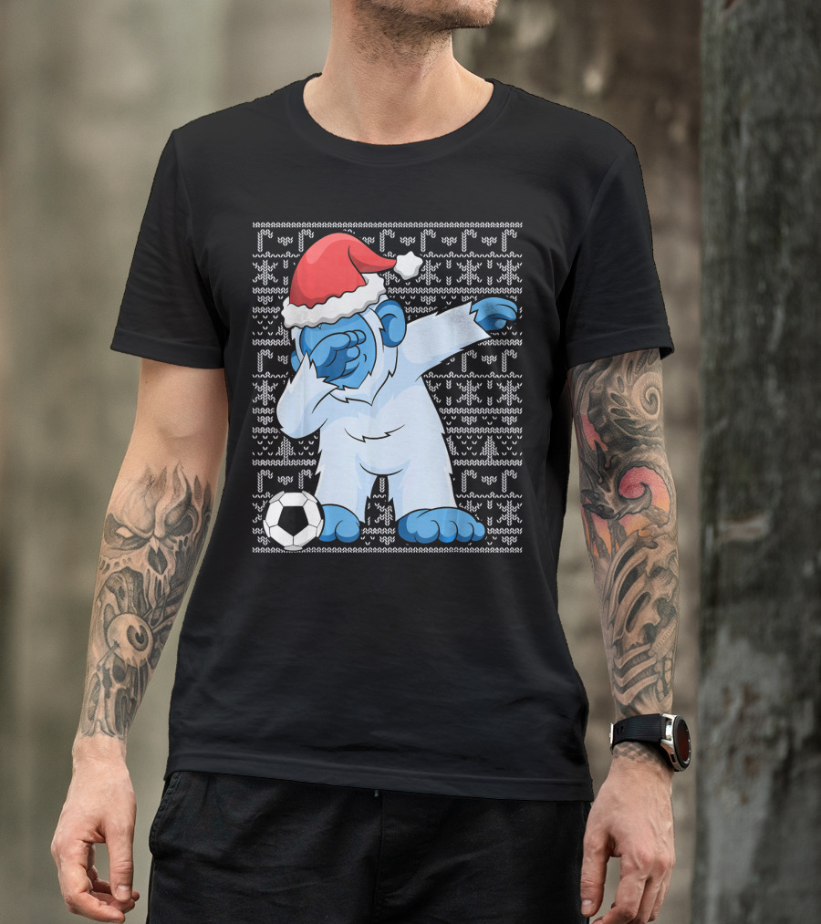 Dabbing Abominable Snowman Santa With Soccer Ball Holiday Ugly T-Shirt