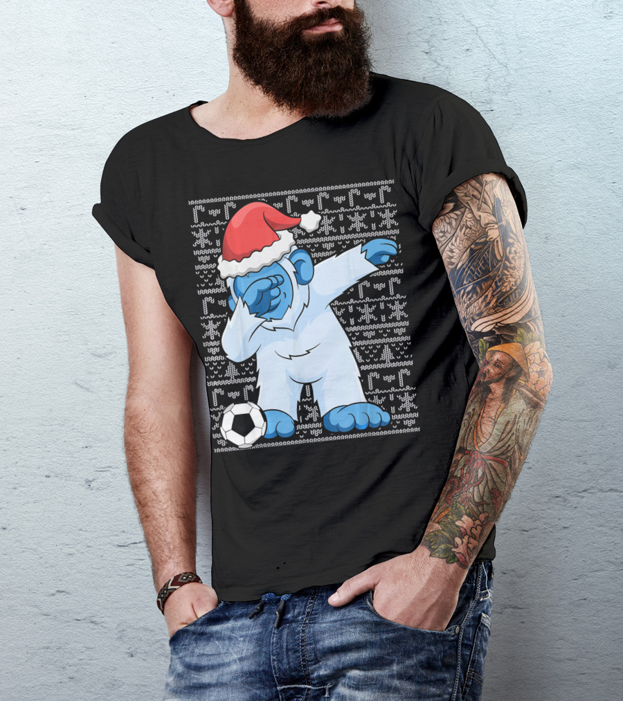 Dabbing Abominable Snowman Santa With Soccer Ball Holiday Ugly T-Shirt