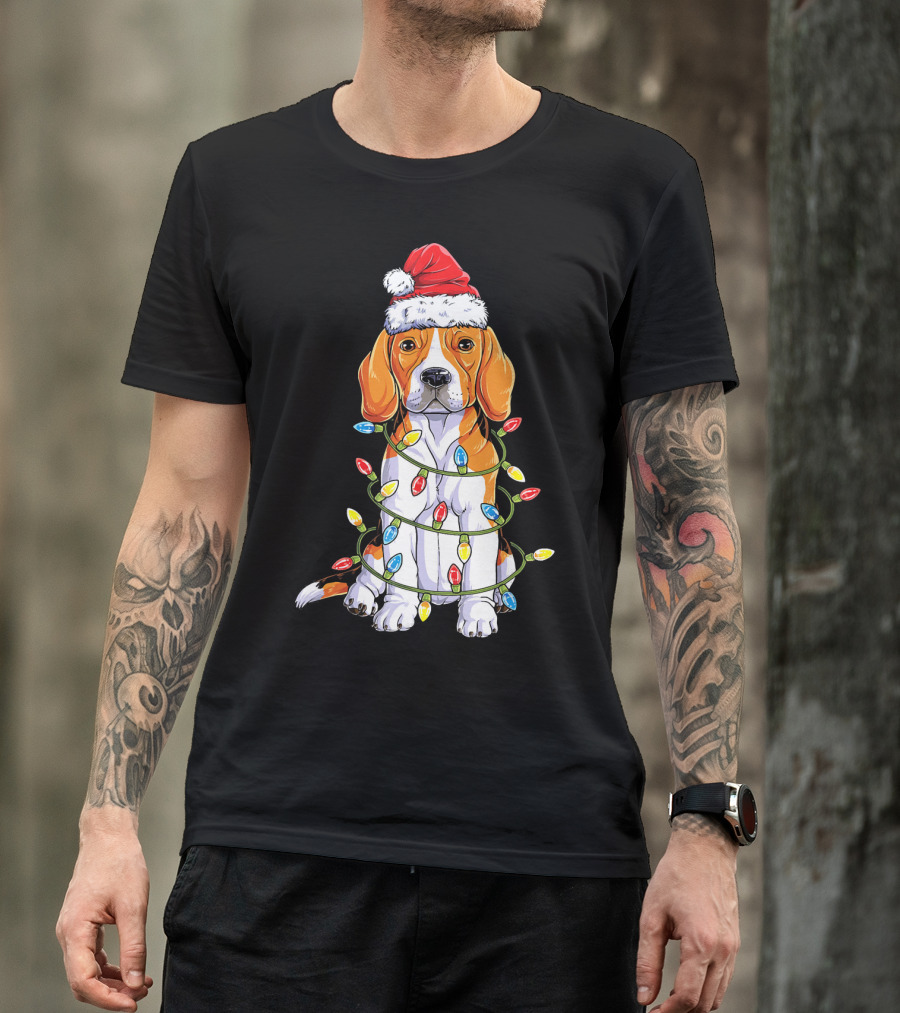 Beagle Wrapped In Christmas Lights With Santa Hat T-Shirt