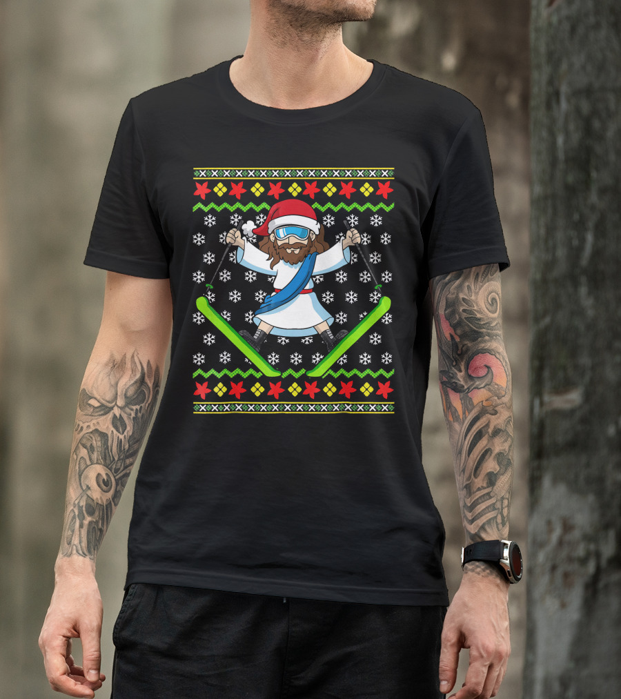 Ugly Christmas Kids Jesus Skiing Santa Hat Snowflakes T-Shirt