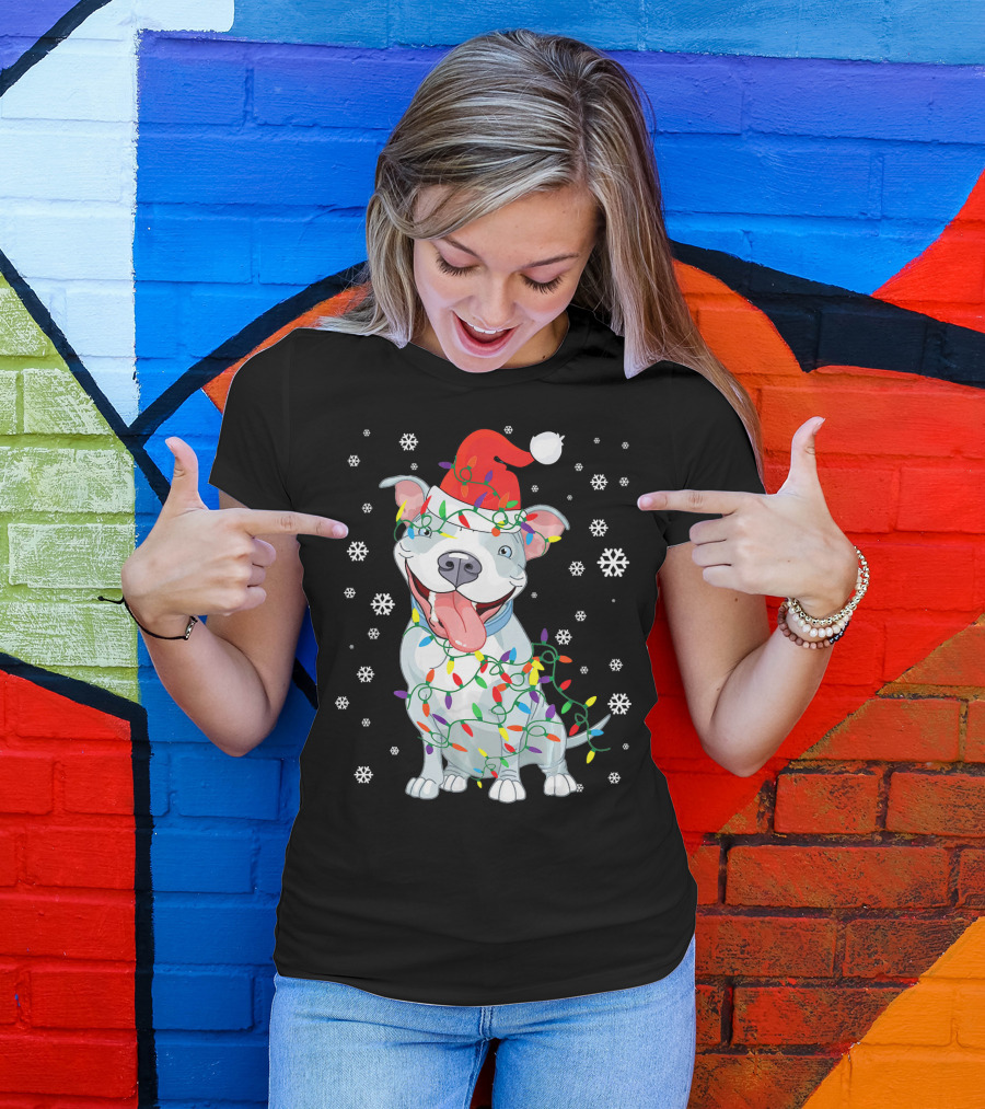 Pitbull Wrapped In Christmas Lights With Santa Hat And Snowflakes T-Shirt