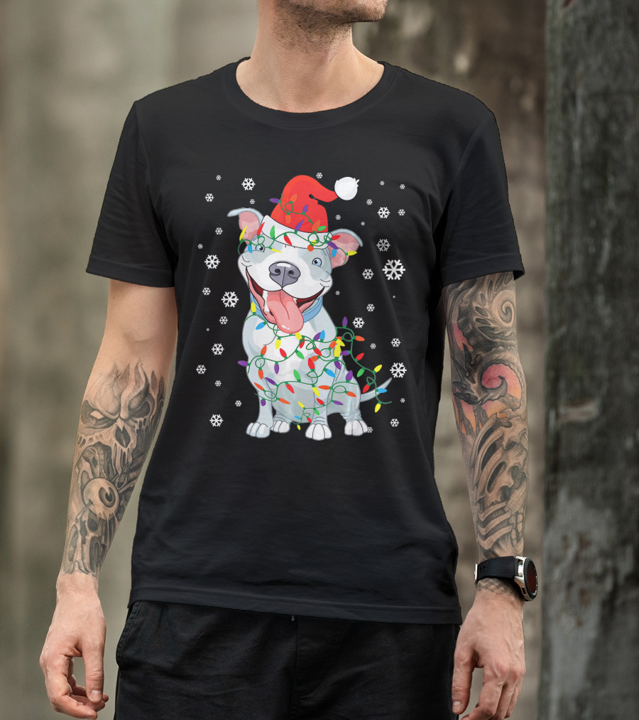 Pitbull Wrapped In Christmas Lights With Santa Hat And Snowflakes T-Shirt
