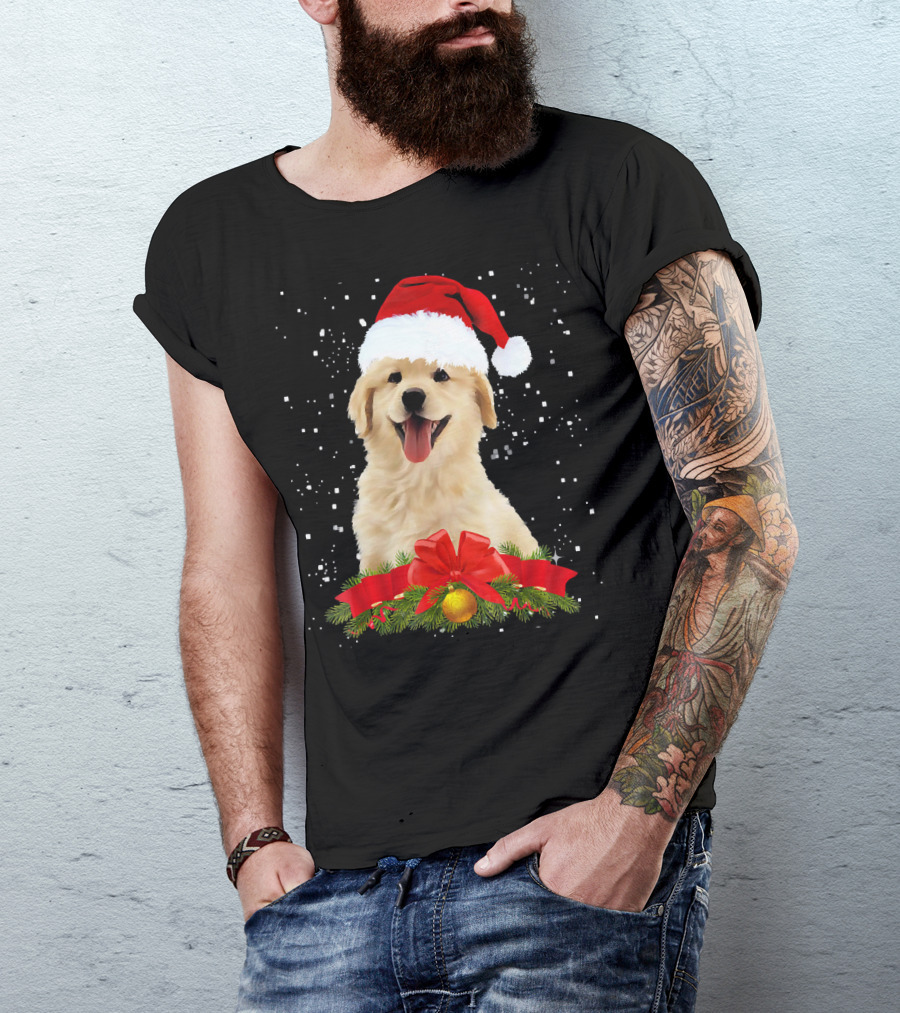 Golden Retriever Santa Hat Christmas Wreath T-Shirt