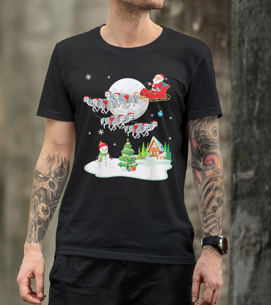 Santa Claus Sleigh Riding Over Snowman And Christmas Scene With Wolves T-Shirt