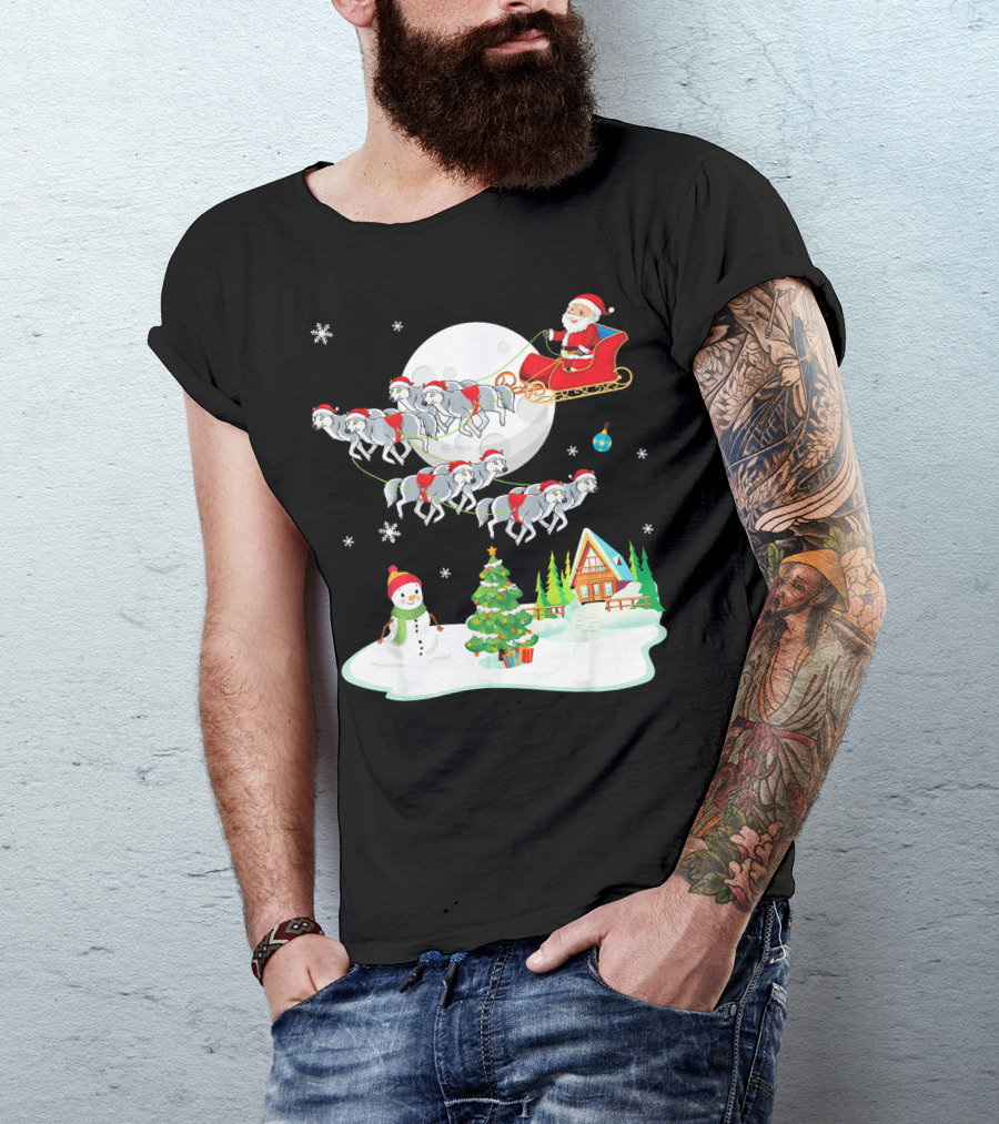 Santa Claus Sleigh Riding Over Snowman And Christmas Scene With Wolves T-Shirt