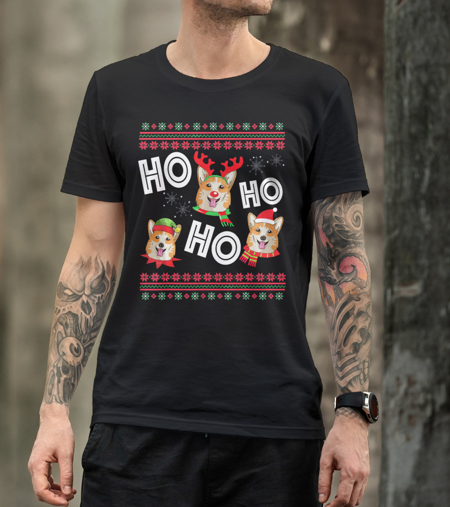 HO HO HO Corgi Funny Dog Reindeer Elf Santa Hats Snowflakes Christmas Holiday T-Shirt