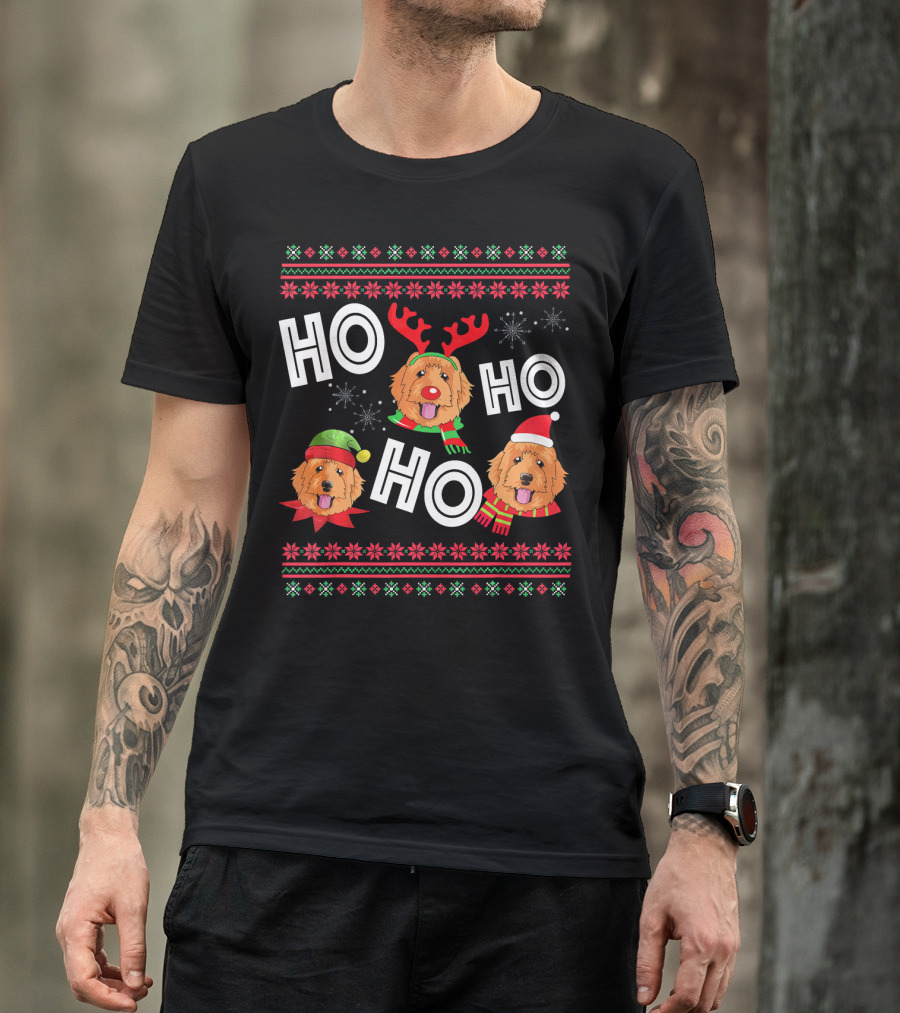 HO HO HO Golden Doodle Funny Dog Christmas Antlers Santa Hat Snowflakes T-Shirt