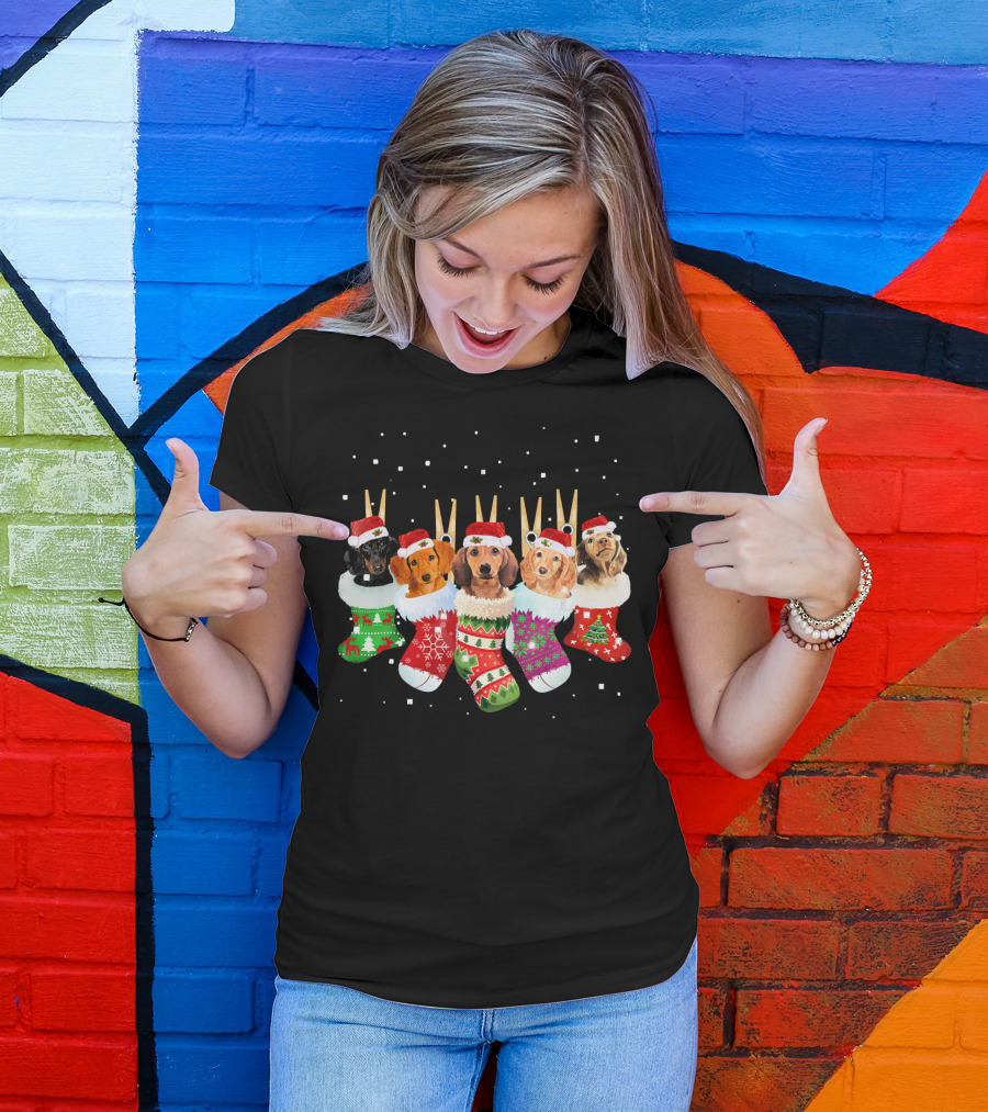 Christmas Socks Dachshund Santa Hats Snowflakes T-Shirt