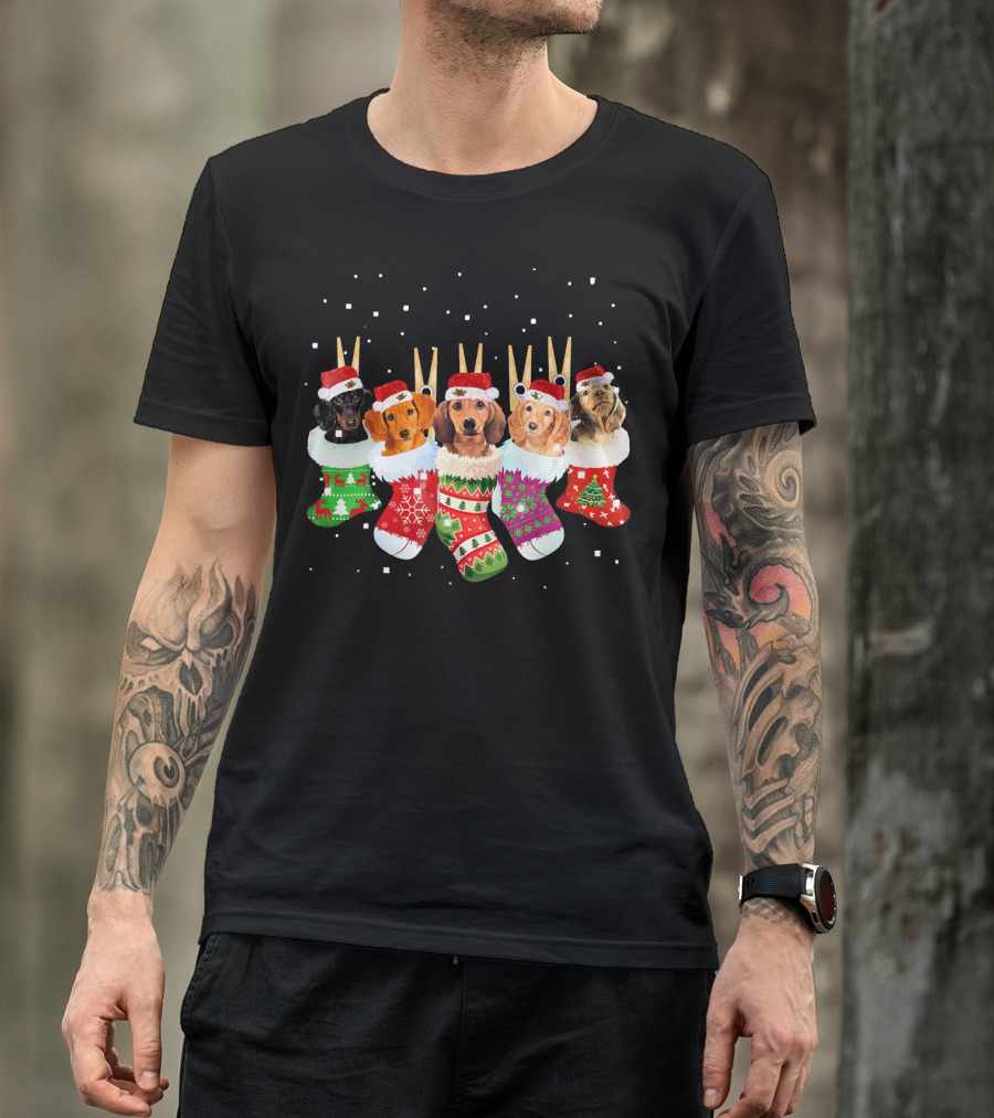 Christmas Socks Dachshund Santa Hats Snowflakes T-Shirt