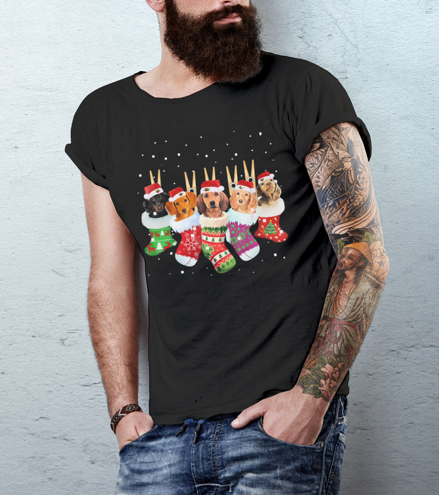 Christmas Socks Dachshund Santa Hats Snowflakes T-Shirt