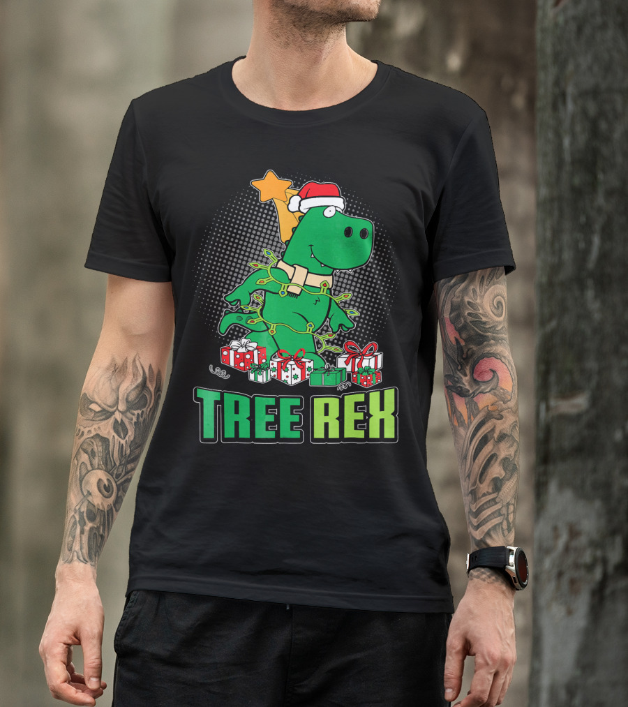 Tree Rex Funny Cute Christmas Dinosaur With Santa Hat And Gifts T-Shirt