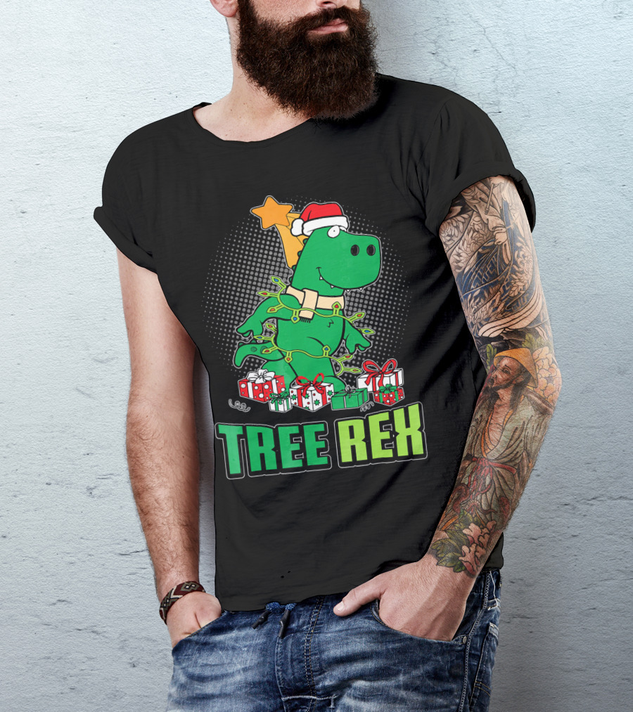 Tree Rex Funny Cute Christmas Dinosaur With Santa Hat And Gifts T-Shirt