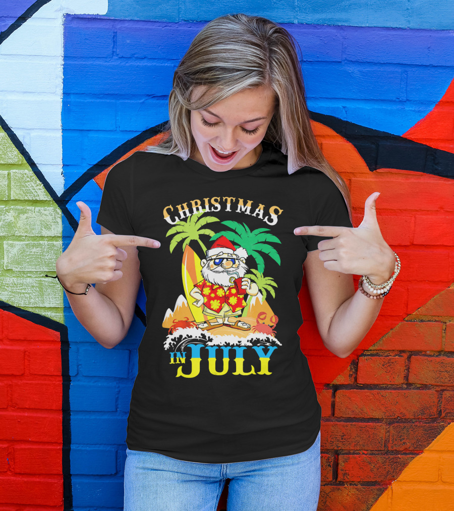 Christmas In July Santa Tropical Surf Vibes T-Shirt