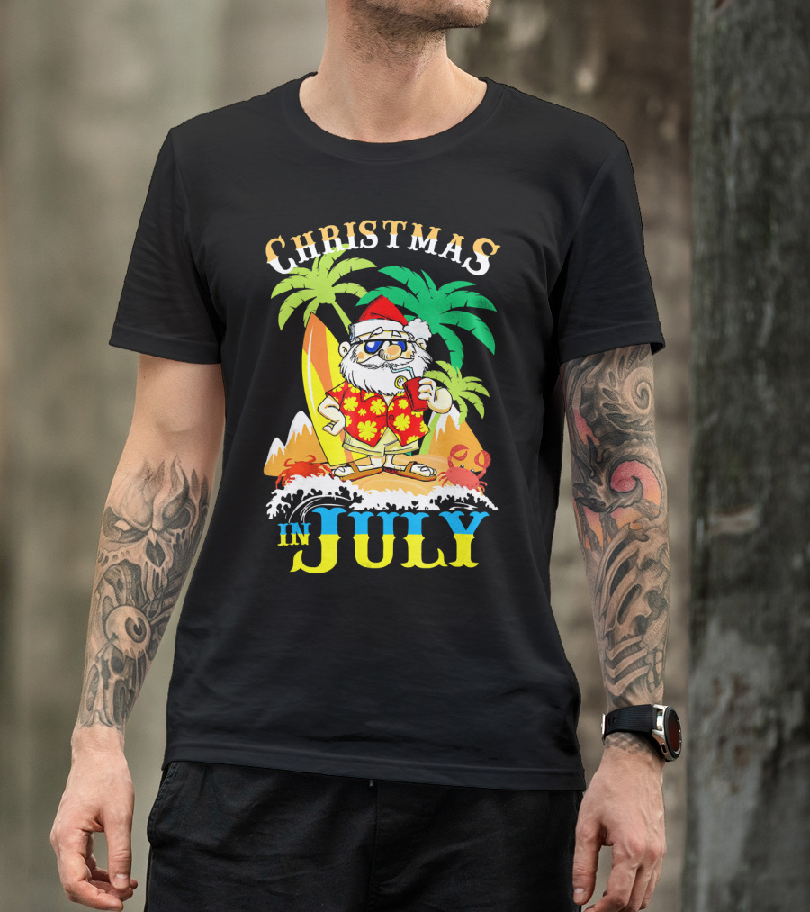 Christmas In July Santa Tropical Surf Vibes T-Shirt