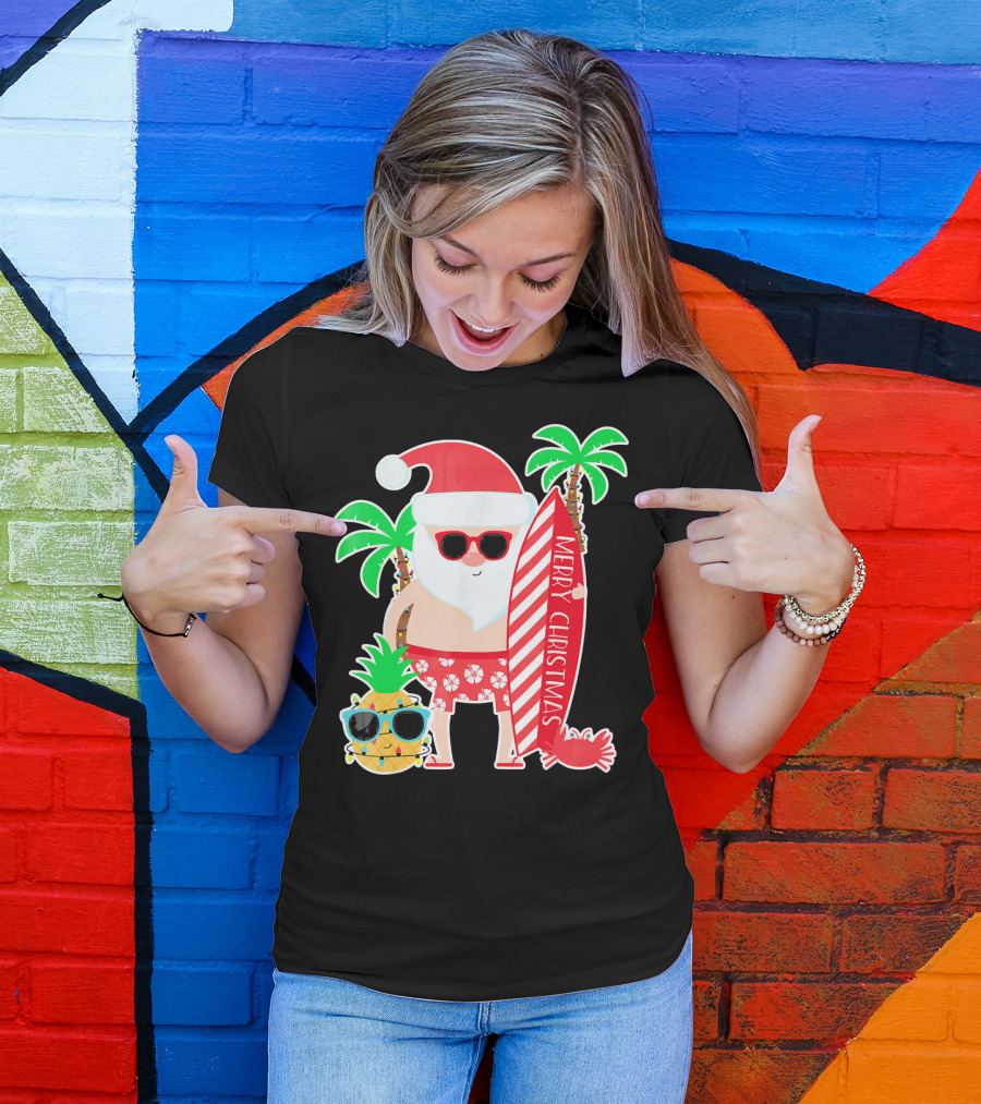 Merry Christmas Santa Surfing Hawaiian Pineapple Palm Trees T-Shirt