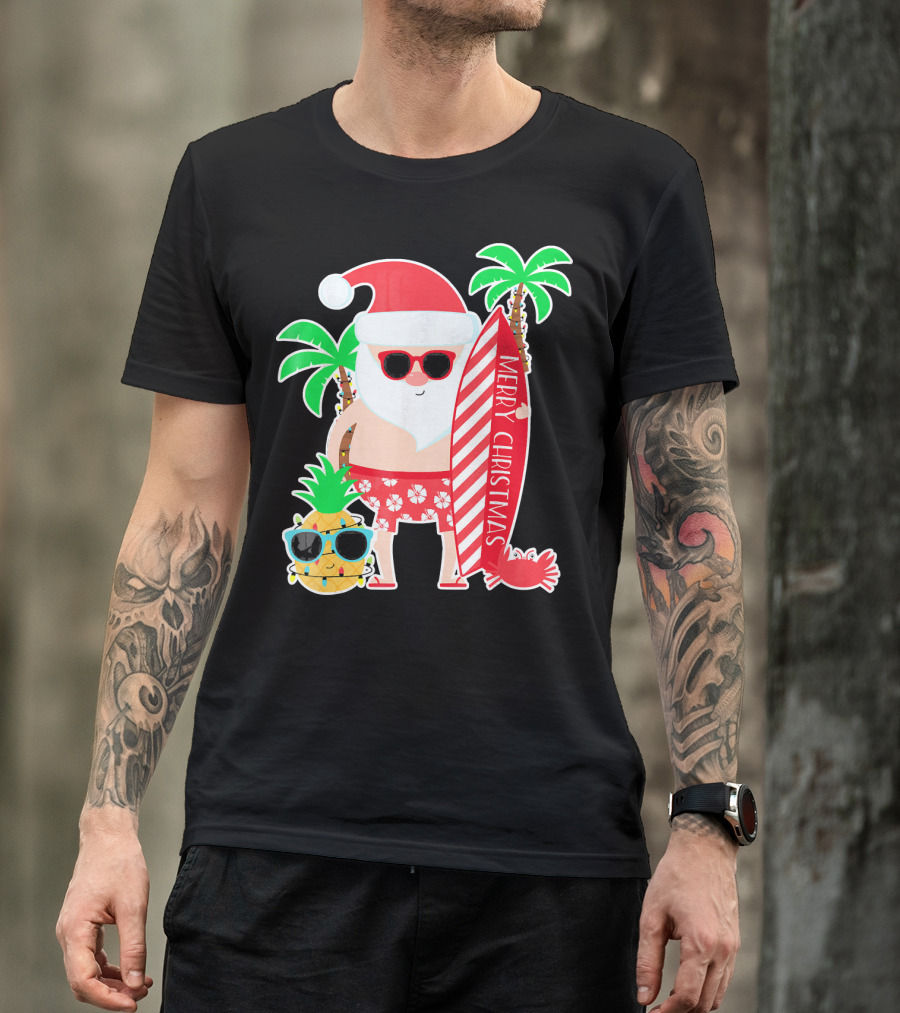 Merry Christmas Santa Surfing Hawaiian Pineapple Palm Trees T-Shirt