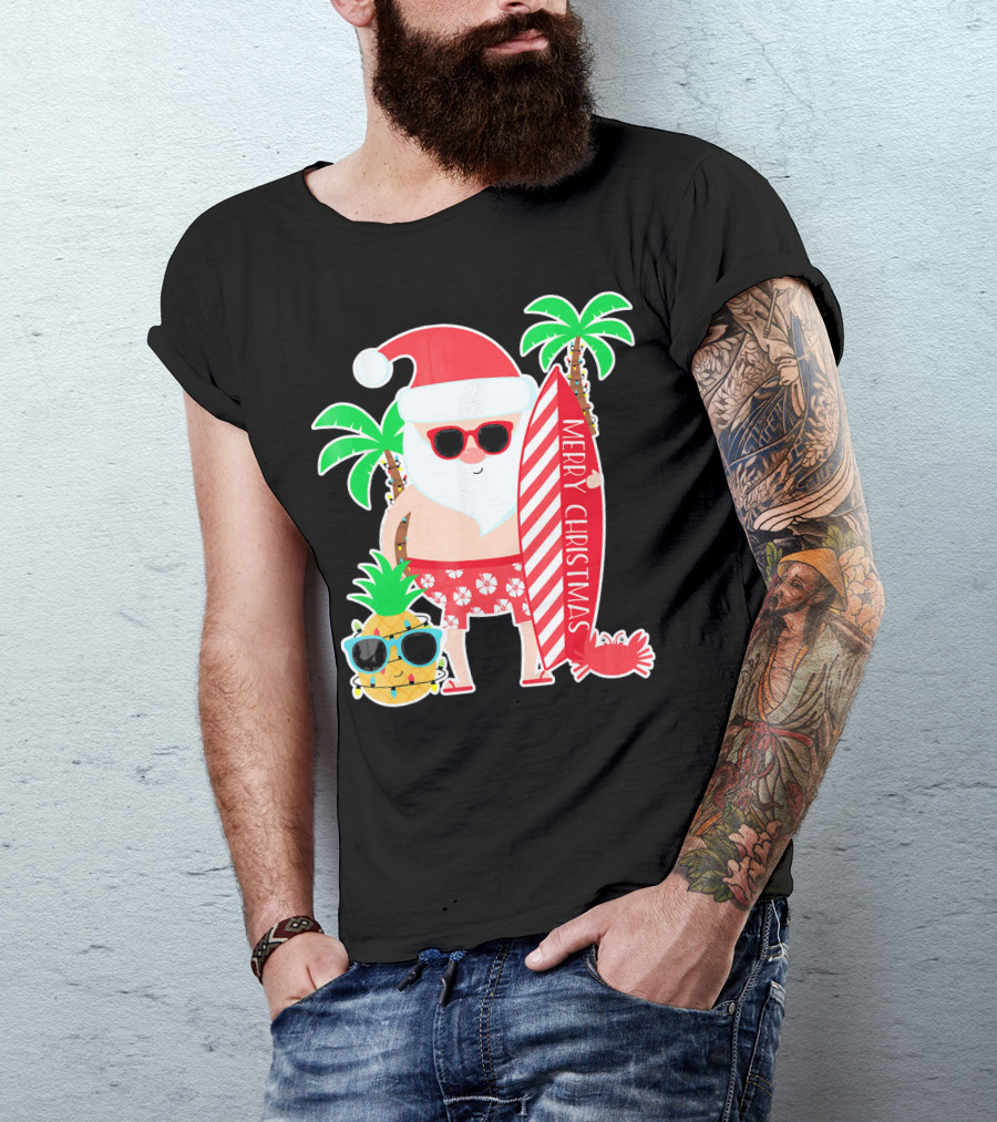 Merry Christmas Santa Surfing Hawaiian Pineapple Palm Trees T-Shirt