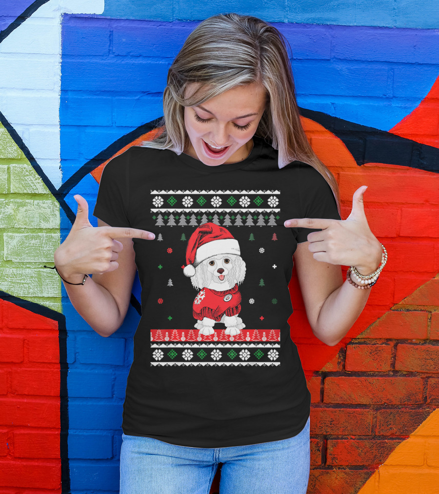 Cute Dog Standard Poodle Santa Hat Christmas Sweater Trees Snowflakes T-Shirt