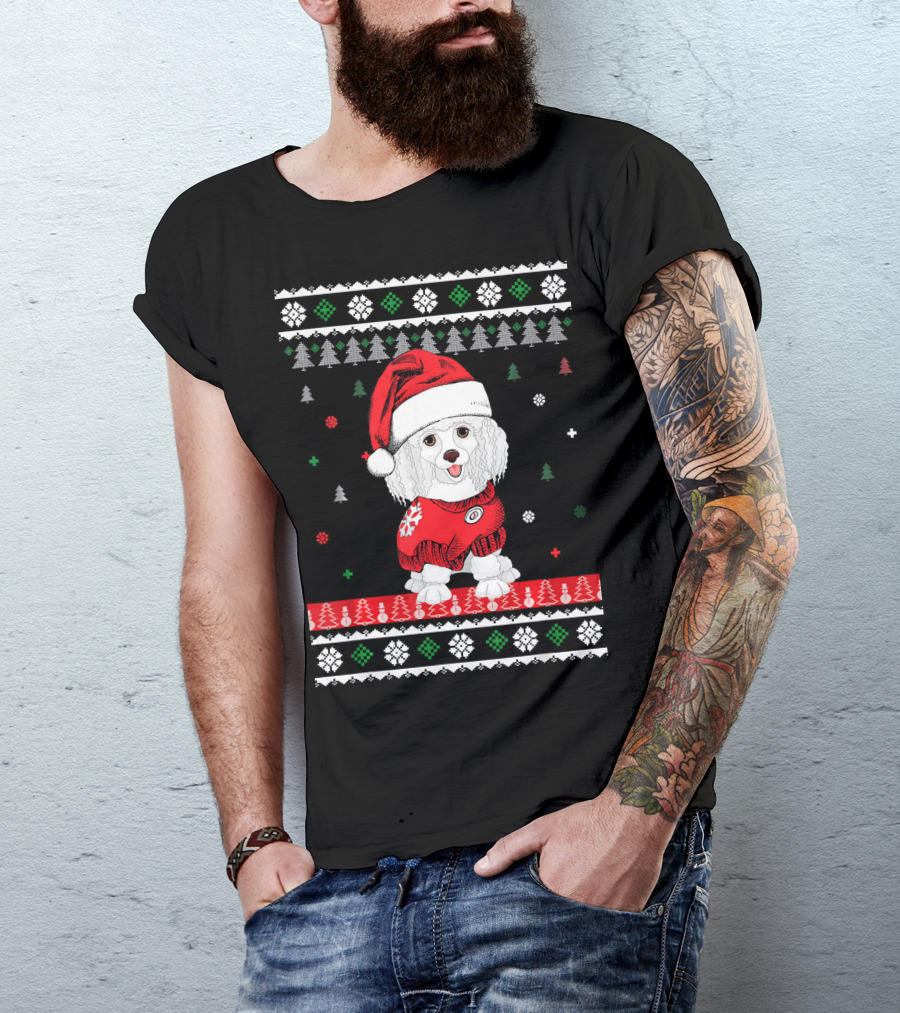 Cute Dog Standard Poodle Santa Hat Christmas Sweater Trees Snowflakes T-Shirt
