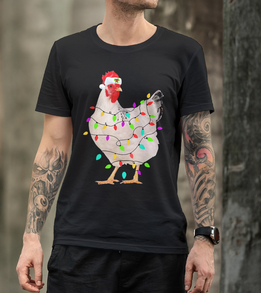 Chicken Christmas Light Funny Chicken Santa Hat Festive Holiday Decor T-Shirt