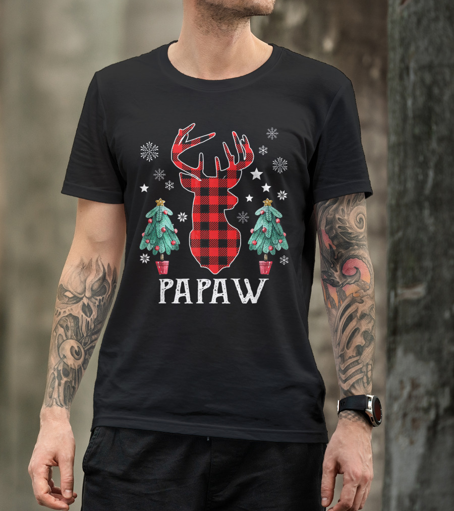 Papaw Plaid Reindeer Christmas Trees And Snowflakes Family Fun T-Shirt