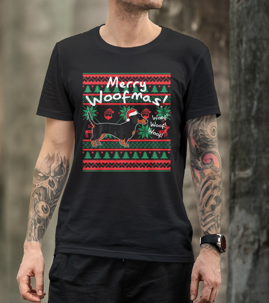 Merry Woofmas Dachshund Dog With Santa Hat Woof Woof Woof Christmas T-Shirt