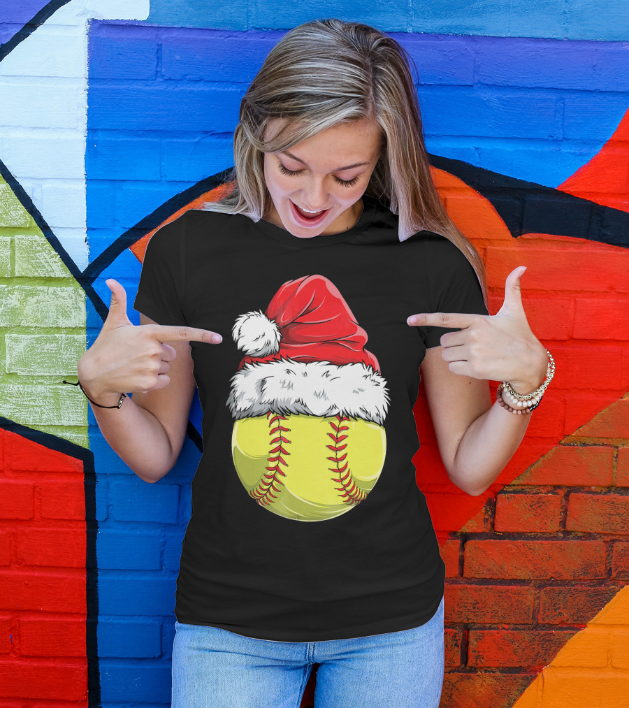 Santa Hat Softball Christmas T-Shirt