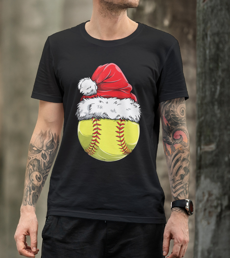 Santa Hat Softball Christmas T-Shirt