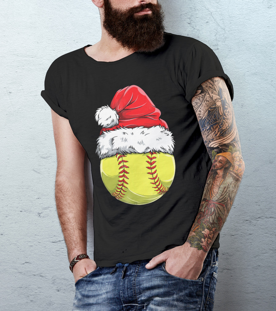 Santa Hat Softball Christmas T-Shirt