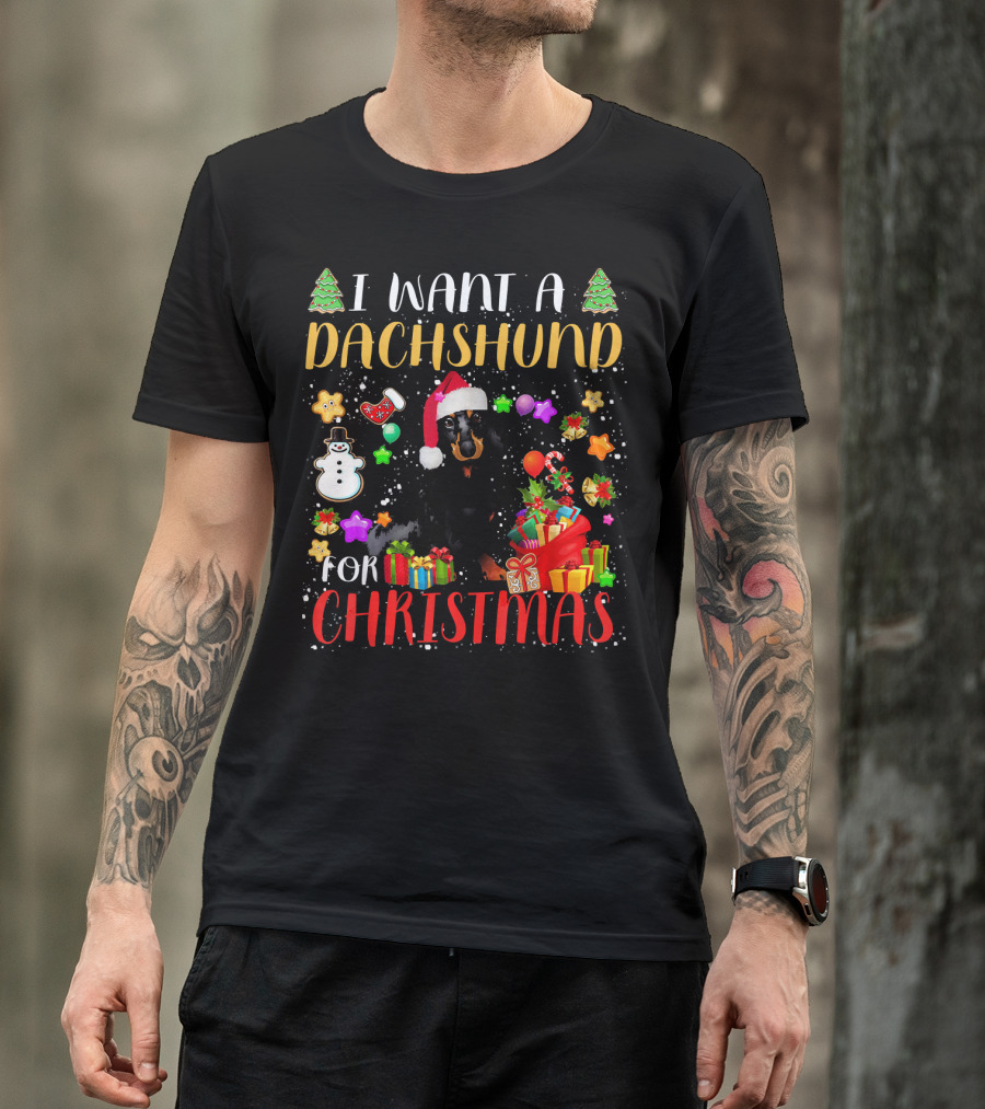 I Want A Dachshund For Christmas Santa Hat Presents Snowman T-Shirt