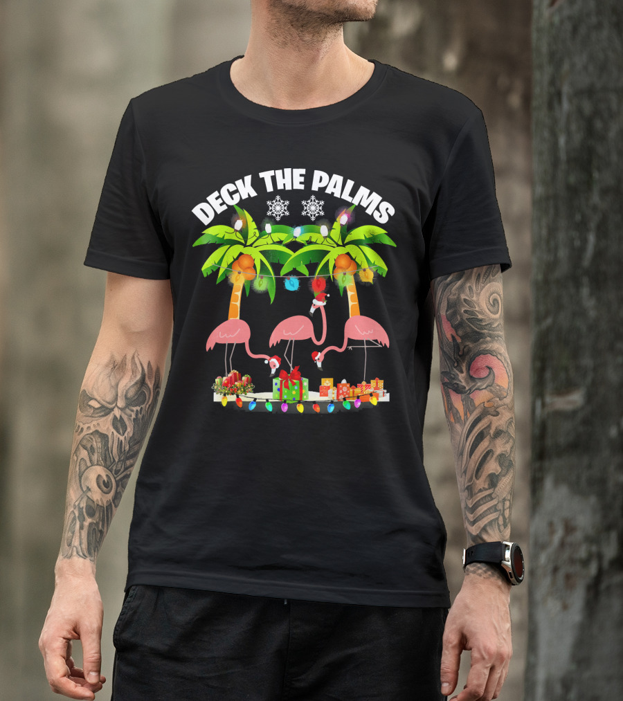 Deck The Palms Flamingo Christmas Lights And Gifts T-Shirt