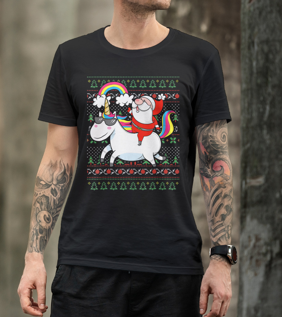 Santa Claus Riding A Rainbow Unicorn Christmas T-Shirt