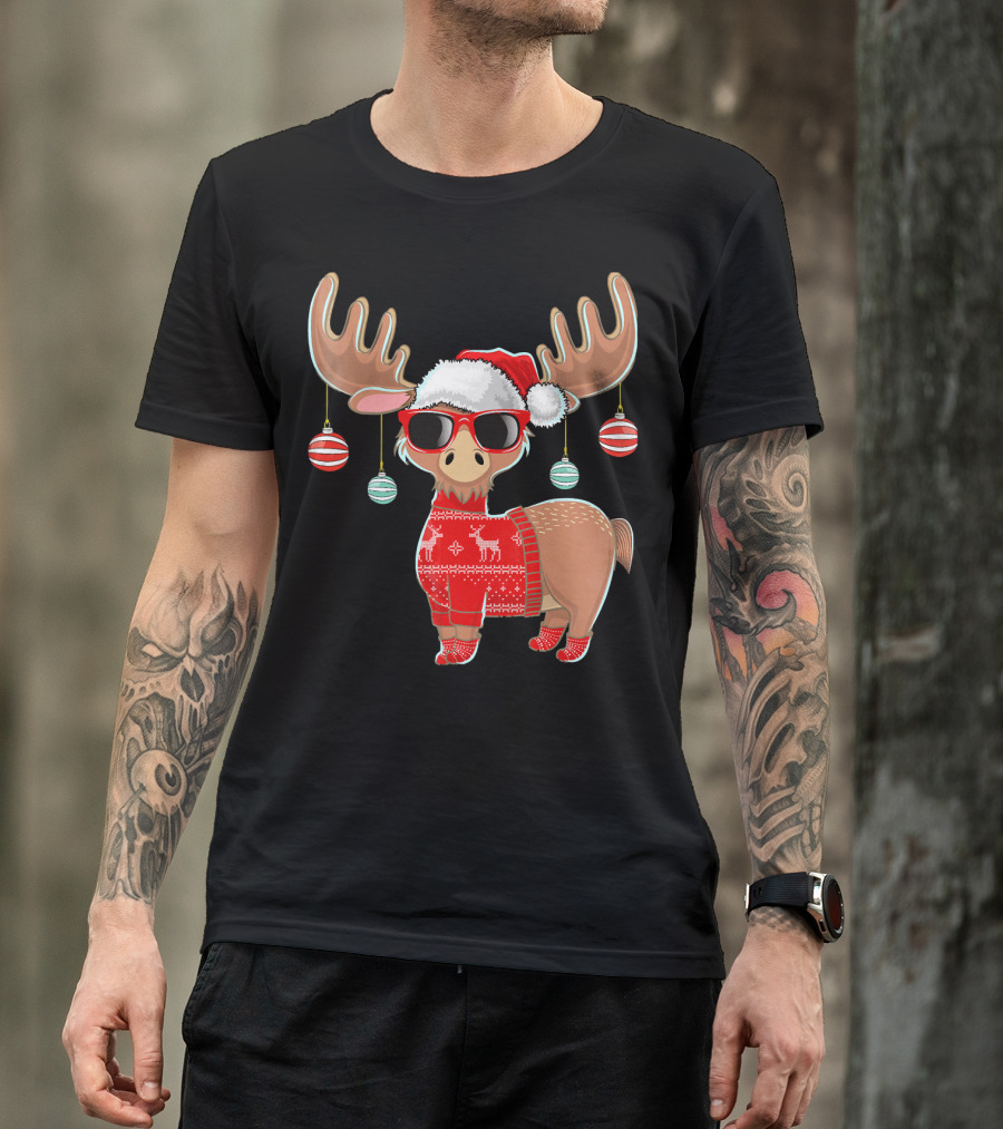 Ugly Christmas Moose Chris With Sweater And Ornaments T-Shirt