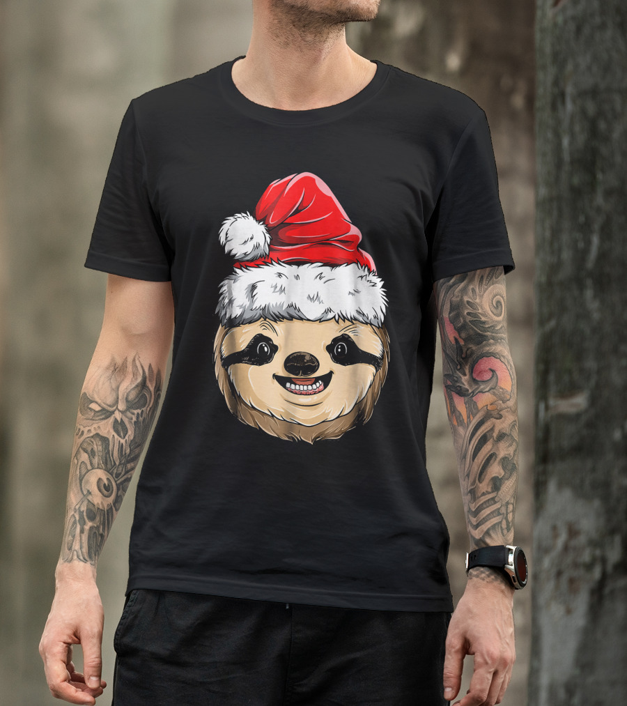 Sloth Santa Christmas Hat Cheerful Face T-Shirt