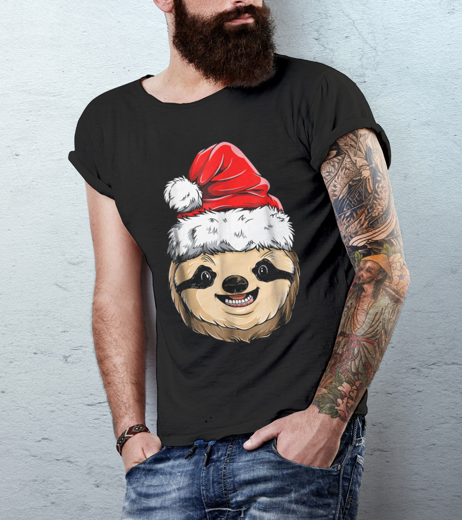 Sloth Santa Christmas Hat Cheerful Face T-Shirt