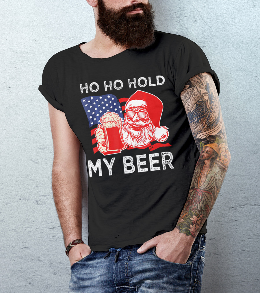 Ho Ho Hold My Beer Santa American Flag T-Shirt