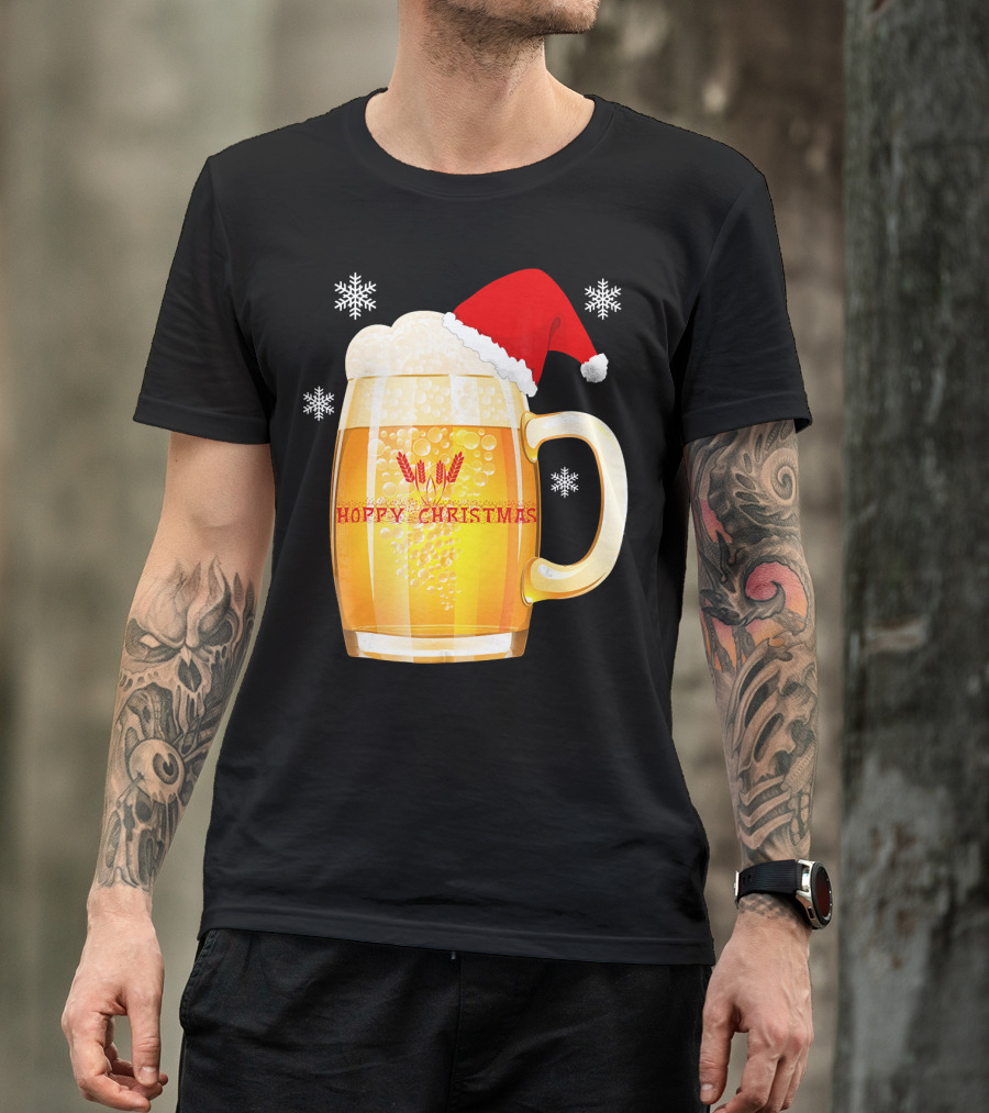 Hoppy Christmas Beer Santa Mug With Snowflakes T-Shirt