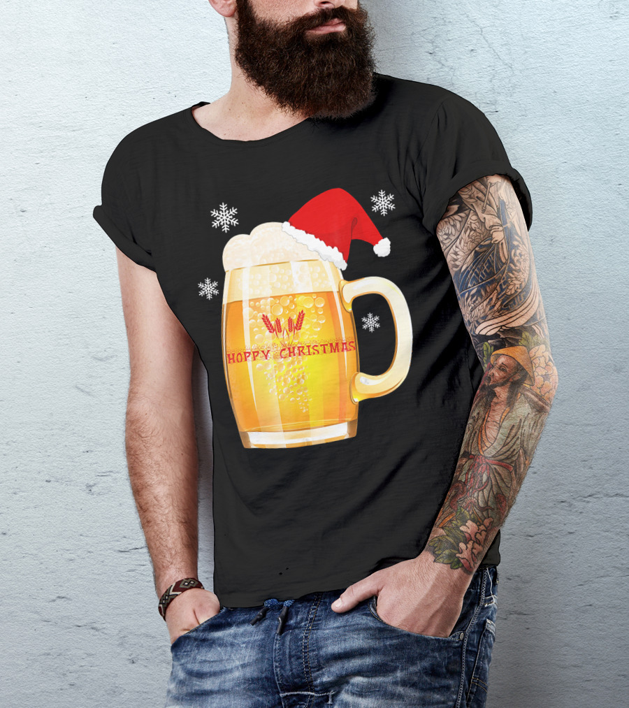 Hoppy Christmas Beer Santa Mug With Snowflakes T-Shirt