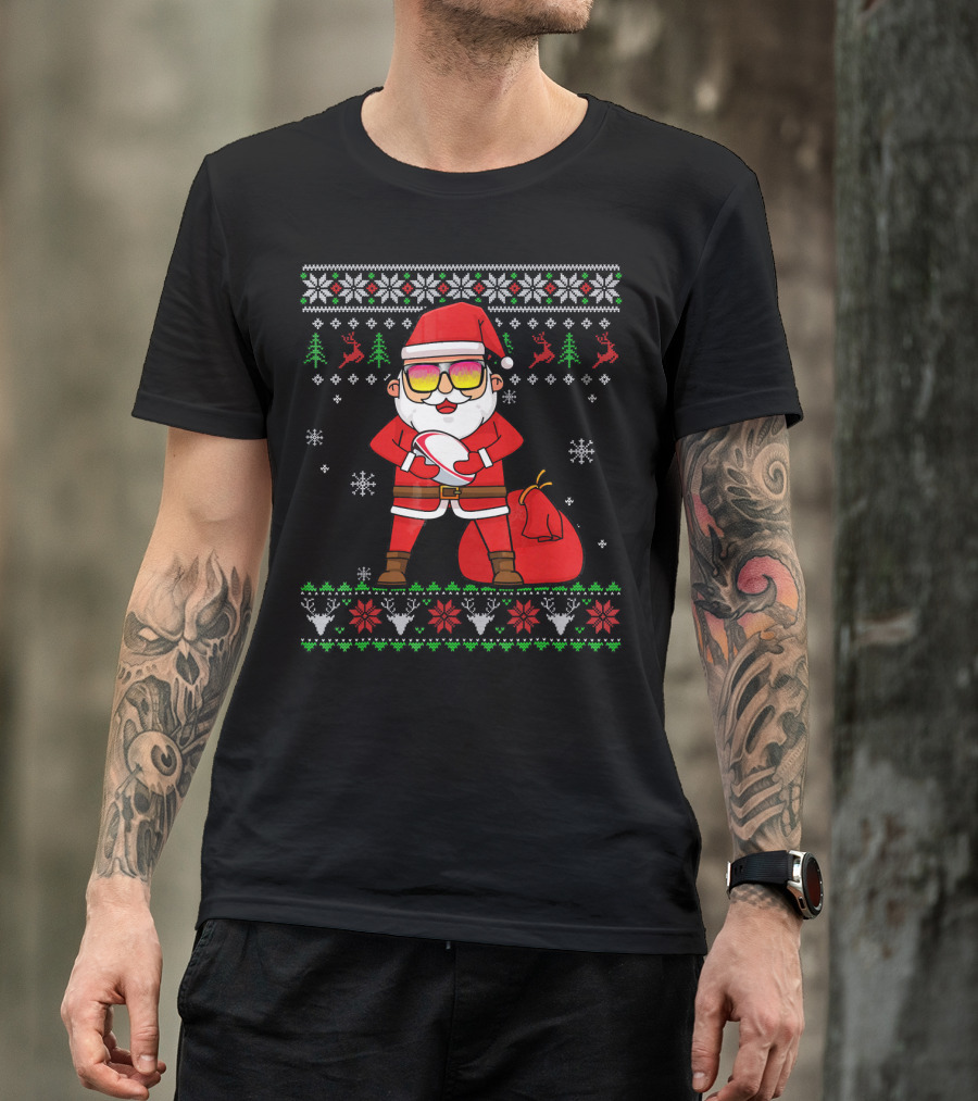 Rugby Ugly Christmas Santa Claus With Sunglasses Snowflakes Reindeer T-Shirt