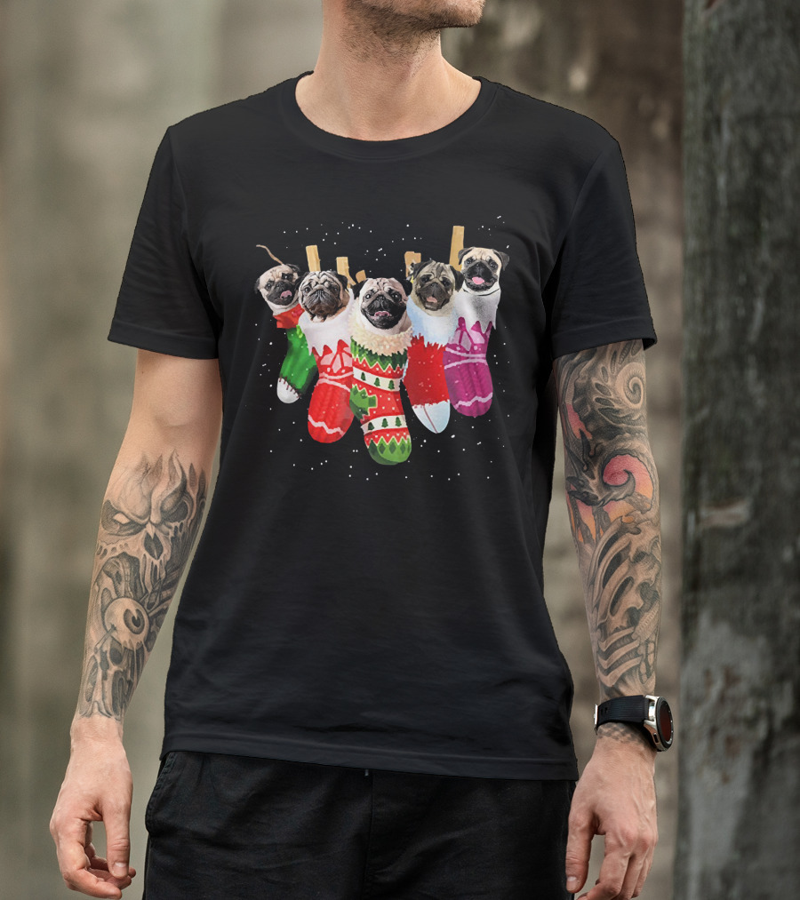 Pug Heads In Colorful Christmas Stockings With Snowflakes T-Shirt