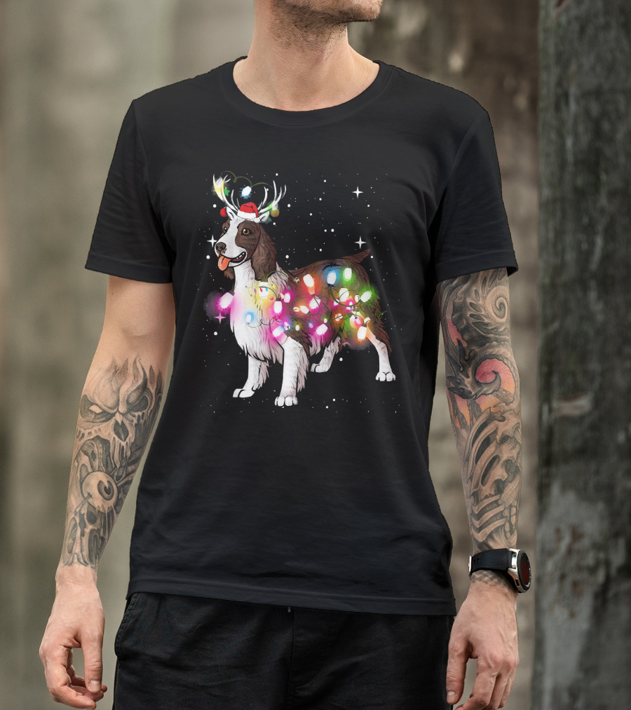 Christmas Lights English Springer Spaniel With Reindeer Antlers And Santa Hat T-Shirt