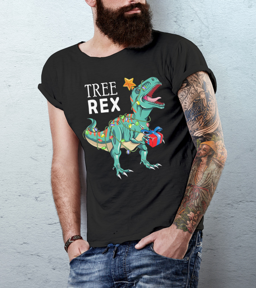 Tree Rex Dinosaur With Christmas Lights And Gift T-Shirt