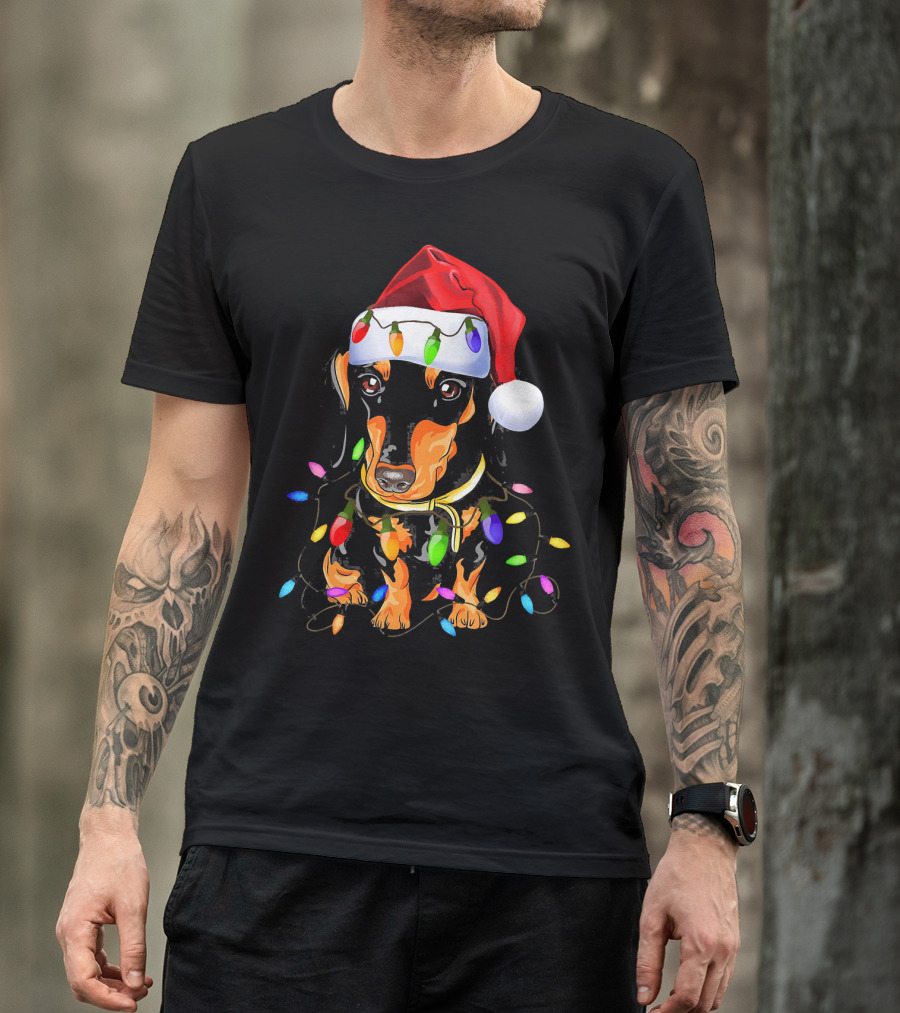 Dachshund Christmas Loves LED Lights Santa Hat T-Shirt