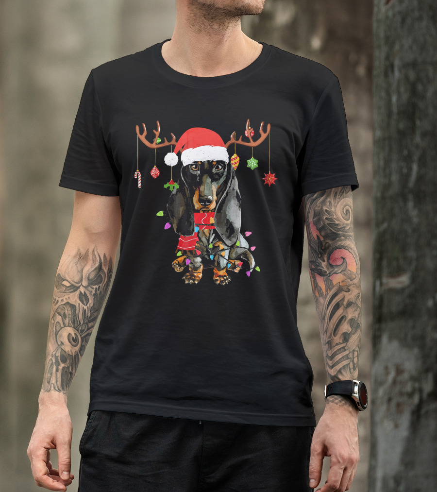 Funny Dachshund Christmas Reindeer Light Festive Holiday Puppy With Santa Hat And Antlers T-Shirt